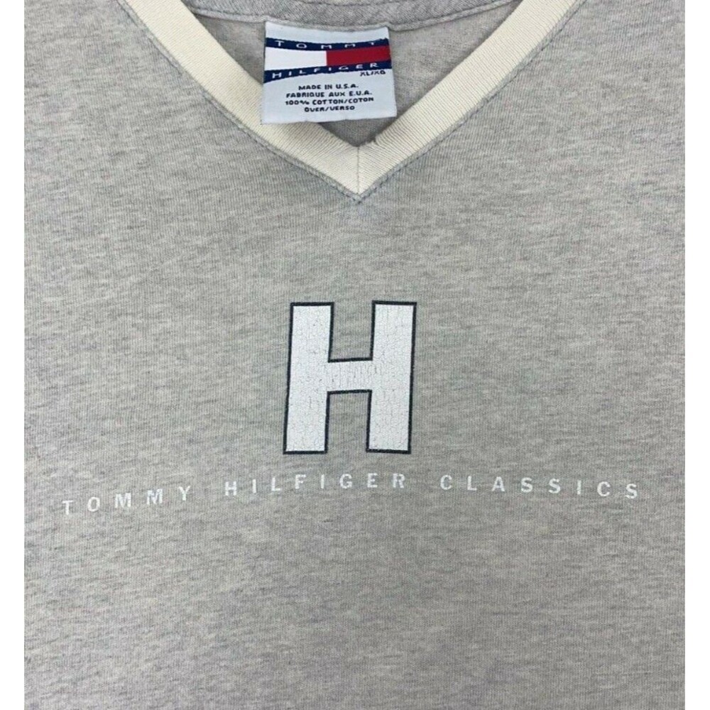 Vintage Tommy Hilfiger Jeans  V Neck 100% Cotton T-Shirt Gray Size XL   LOOK